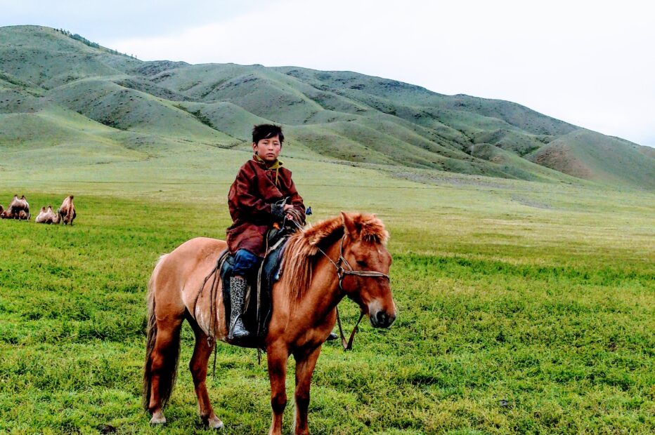 Symbolbild Mongolei. Ein Knabe sitzt auf einem Pferd in einer Steppenlandschaft.